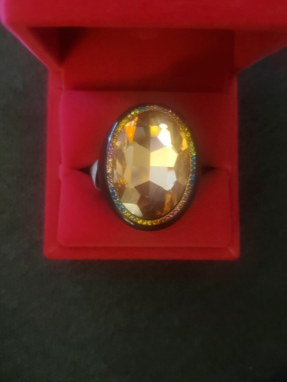 Kurt Geiger Elegant Gold Oval Cocktail Ring W/Iridescent Halo & Rainbow Pave